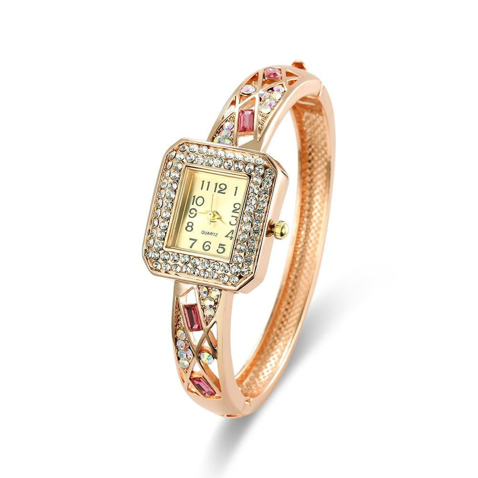 Beautiful Rose Gold Plated Square Case Thin Bangle Ladies Watch Online Shopping Store