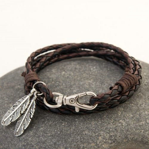 Feather Pendant Leather Braided Bracelet Online Shopping Store