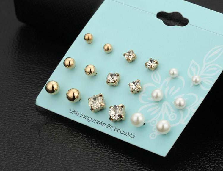 9 Pairs/set Crystal Simulated Pearl Stud Earrings Online Shopping Store