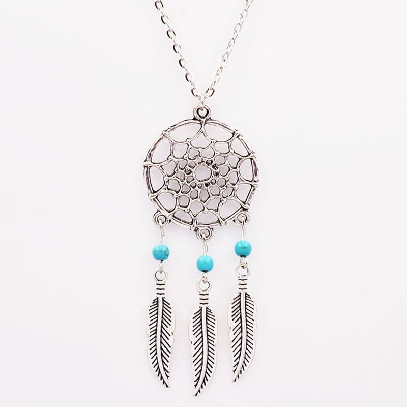 Long Silver Dream Catcher Feather Pendant Necklace Online Shopping Store