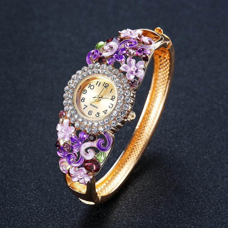 18k Gold Plated Women Flower Bracelet Watch - Stainless Steel Gold Bangle Online Shopping Store