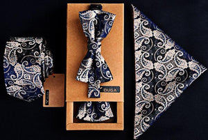 3 PCS Men Bow Tie and Handkerchief Set Silver Blue Online Shopping Store